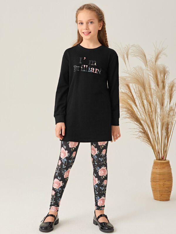 Conjunto 100% algodón para niñas polo negro leggins floral – Tais Princess