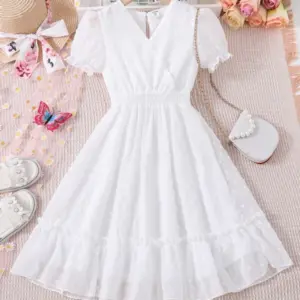 Vestido fiesta blanco de lunares de manga farol cuello V