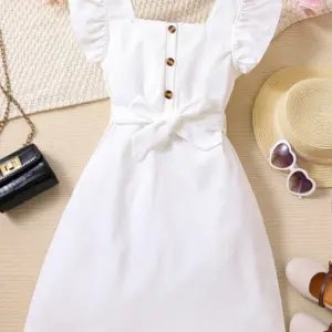 Vestido blanco casual dulce manga capa con cinturon