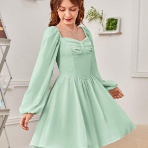 Vestido casual elegante verde menta escote corazón pecho fruncido de manga farol