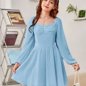 Vestido casual elegante celeste escote corazón pecho fruncido de manga farol
