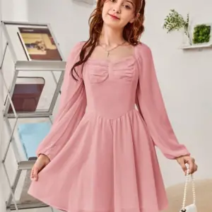 Vestido casual elegante rosa escote corazón pecho fruncido de manga farol