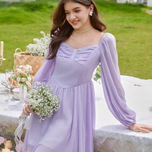 Vestido casual elegante lila escote corazón pecho fruncido de manga farol