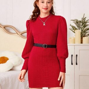 Vestido rojo de manga farol tejido de cable sin cinturón