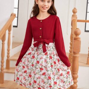 Vestido casual estampado flores cuello Redondo rojo