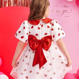 Vestido fiesta niñitas princesa estampado corazón mangas fruncido