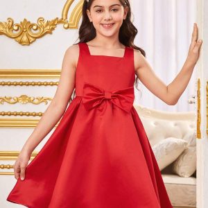 Vestido fiesta con lazo delantero bajo amplio rojo