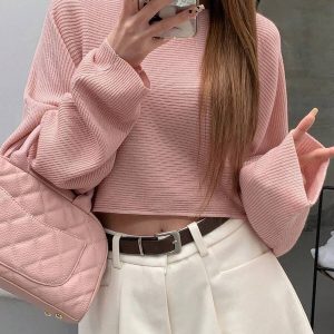Chompa casual rosa jovencitas corto holgado mangas largas