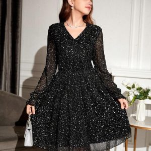Vestido de malla con brillo  fiesta midi, negro elegante y moderno