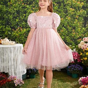Vestido rosa fiesta niñas cuello cuadrado, mangas abultadas con lentejuelas