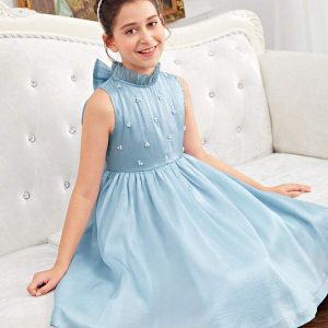 Vestido fiesta celeste espalda halter con lazo