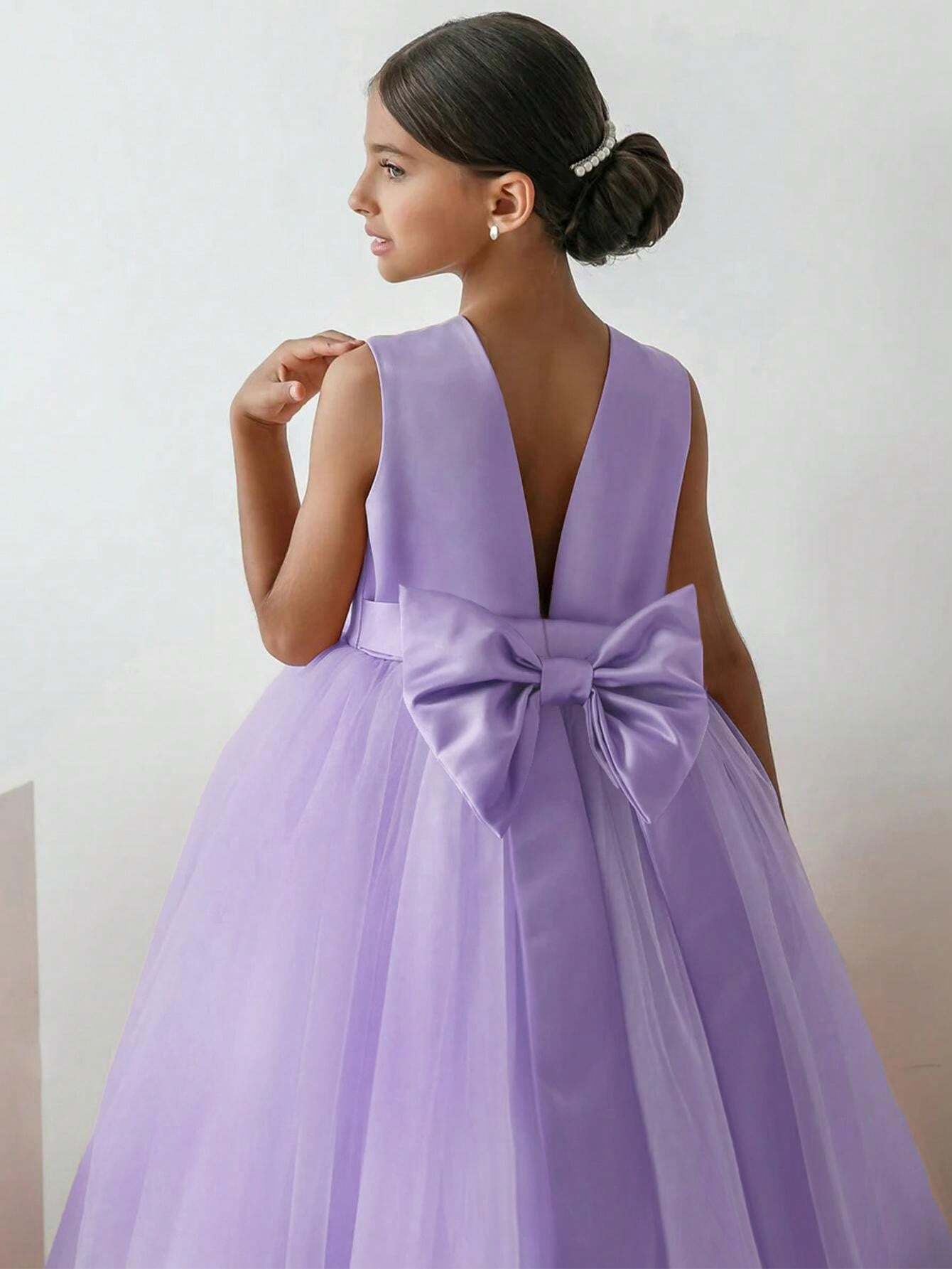 Vestido de princesa lila con lazo y empalme de malla - Imagen 4