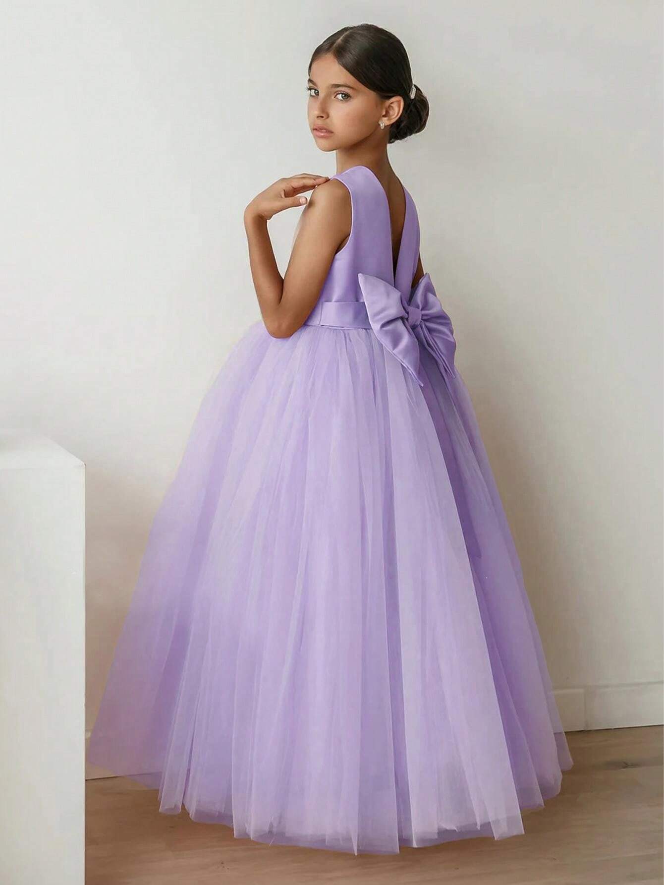 Vestido de princesa lila con lazo y empalme de malla - Imagen 5