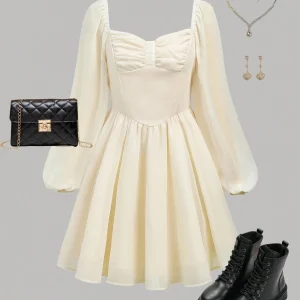 Vestido casual elegante albaricoque escote corazón pecho fruncido de manga farol