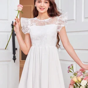 Vestido de fiesta blanco escote V espalda malla bordada mangas volantes