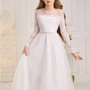 Vestido de fiesta blanco maxi con encaje cuello redondo