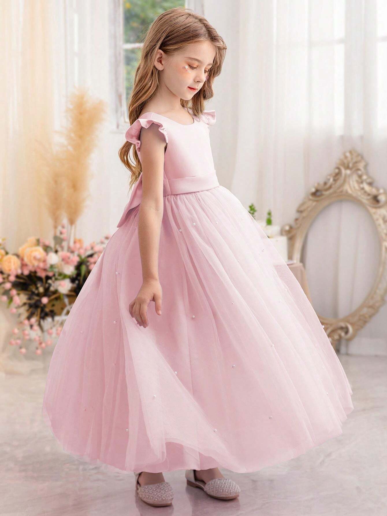 Vestido de fiesta rosa nude con perlas maxi manga capa - Imagen 4