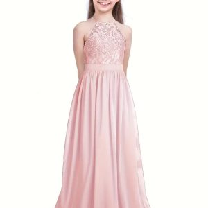Vestido fiesta rosa maxi cuello Halter, tul encaje