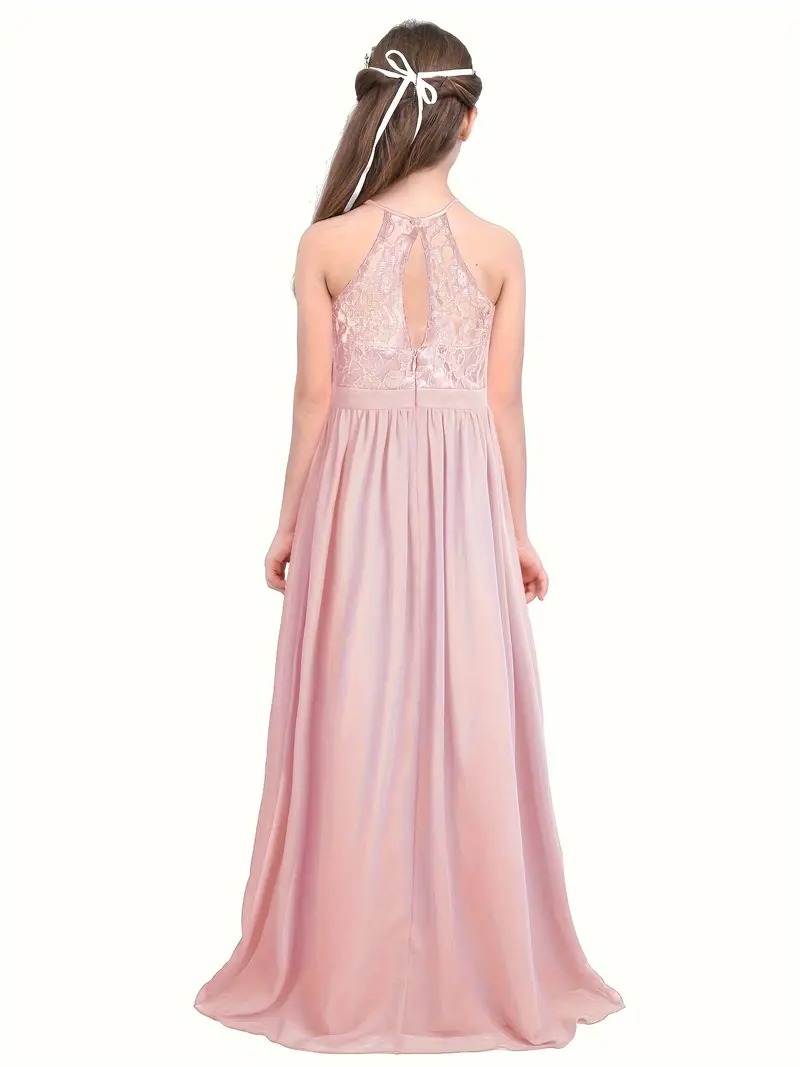Vestido fiesta rosa maxi cuello Halter, tul encaje - Imagen 2