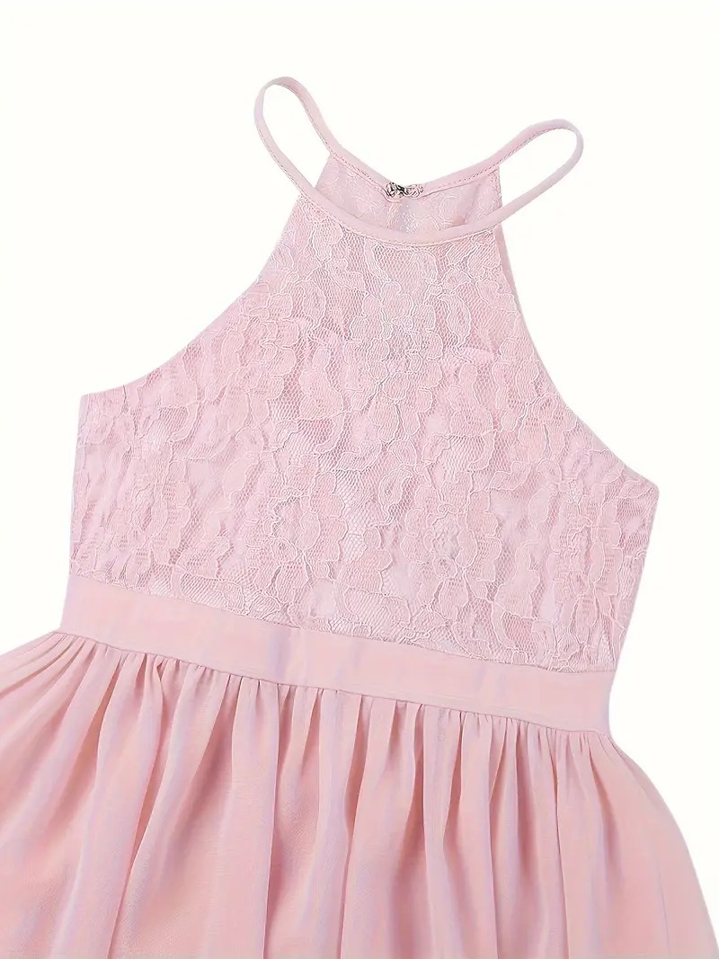 Vestido fiesta rosa maxi cuello Halter, tul encaje - Imagen 3