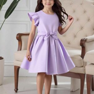 Vestido casual lila algodón manga 2 capas cuello redondo