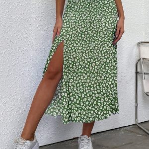 Falda midi verde con estampado floral muslo con abertura