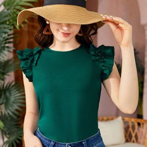 Blusa poliéster verde de manga con volante de espalda con abertura de ojo
