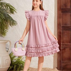 Vestido casual holgado manga corta capa cuello redondo