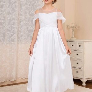 Vestido blanco de fiesta elegante estilo A, lazo decorativo espalda