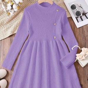 Vestido casual lila corte campana cuello alzado