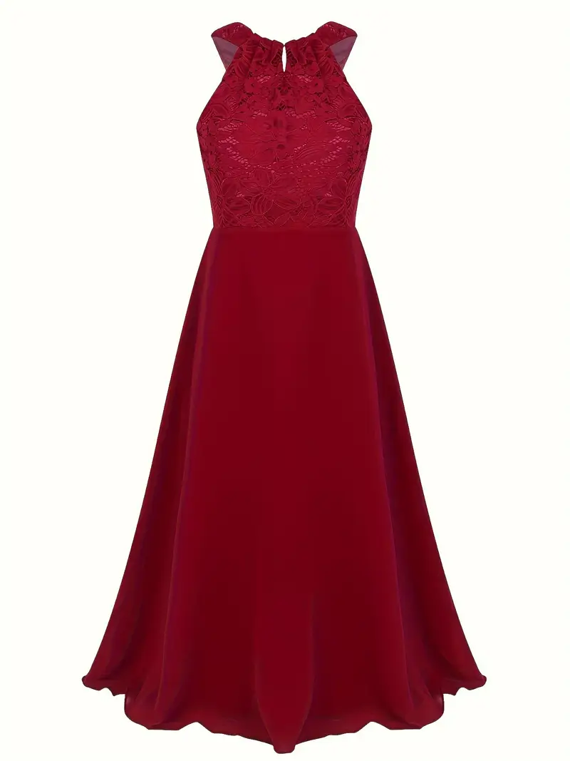 Vestido fiesta burdeos maxi elegante cuello Halter - Imagen 3