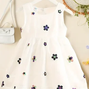Vestido casual algodón bordado flores manga cero