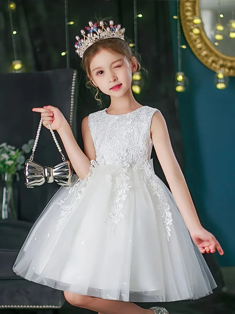 Vestido elegante fiesta niñitas blanco encaje con cinta - Imagen 3