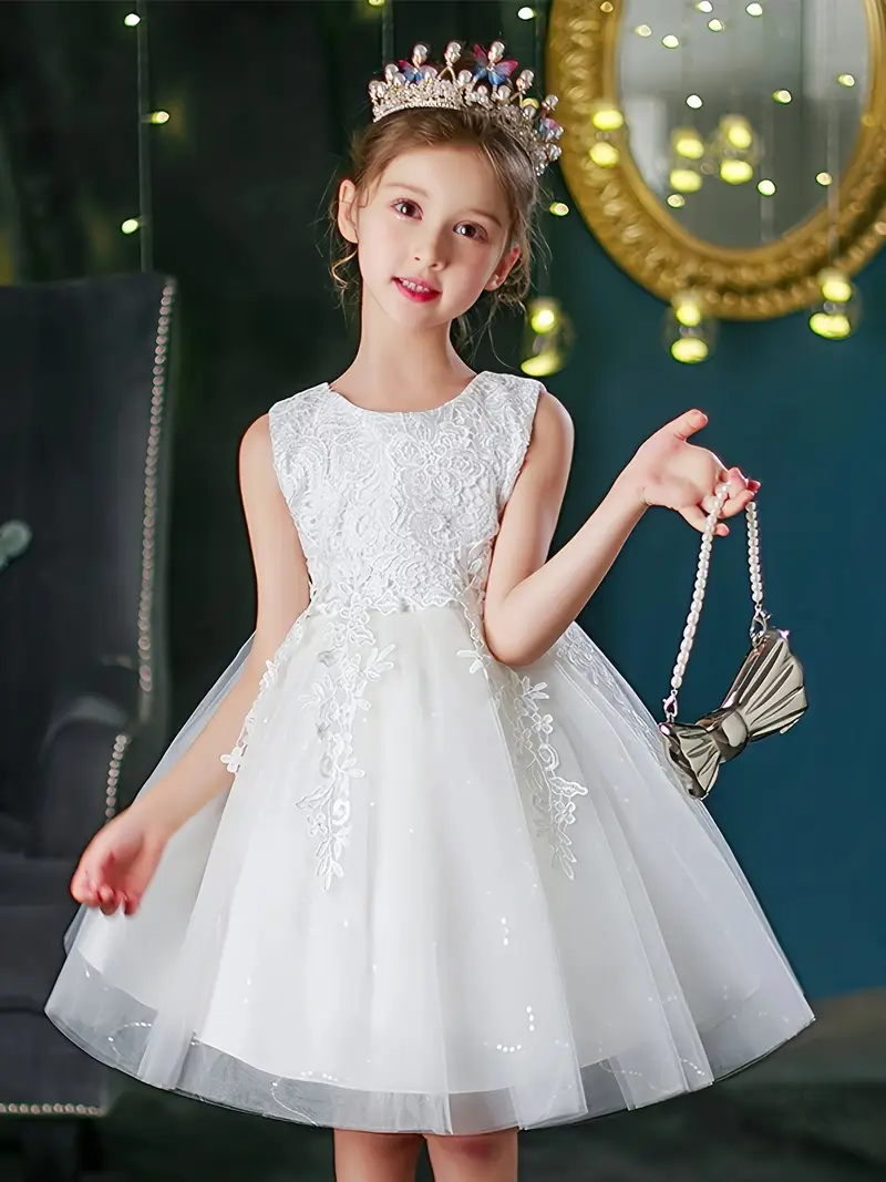 Vestido elegante fiesta niñitas blanco encaje con cinta - Imagen 2