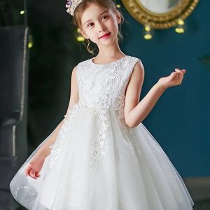 Vestido elegante fiesta niñitas blanco encaje con cinta