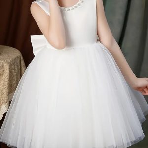 Vestido fiesta niñitas blanco lazo cuello v atrás
