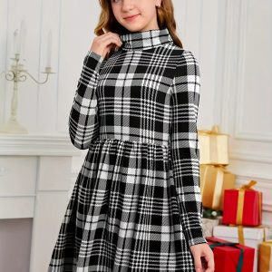 Vestido casual de cuello alto a cuadros para niñas bohemio