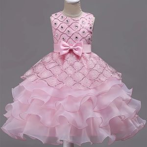 Vestido fiesta rosa elegante con Bordado Floral y detalle diamantes Sin Mangas con Lazo
