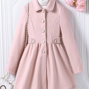 Abrigo niñas rosa largo de solapa cuello camisero corte bajo campana