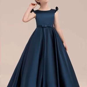 Vestido fiesta elegante azul tela satén mangas con volantes