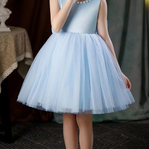 Vestido fiesta niñitas celeste lazo cuello v atrás