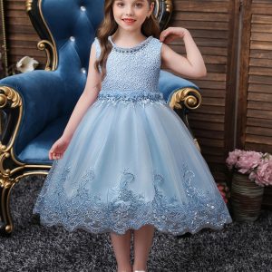 Vestido fiesta celeste tutu bordado floral rosa elegante con Bordado Floral