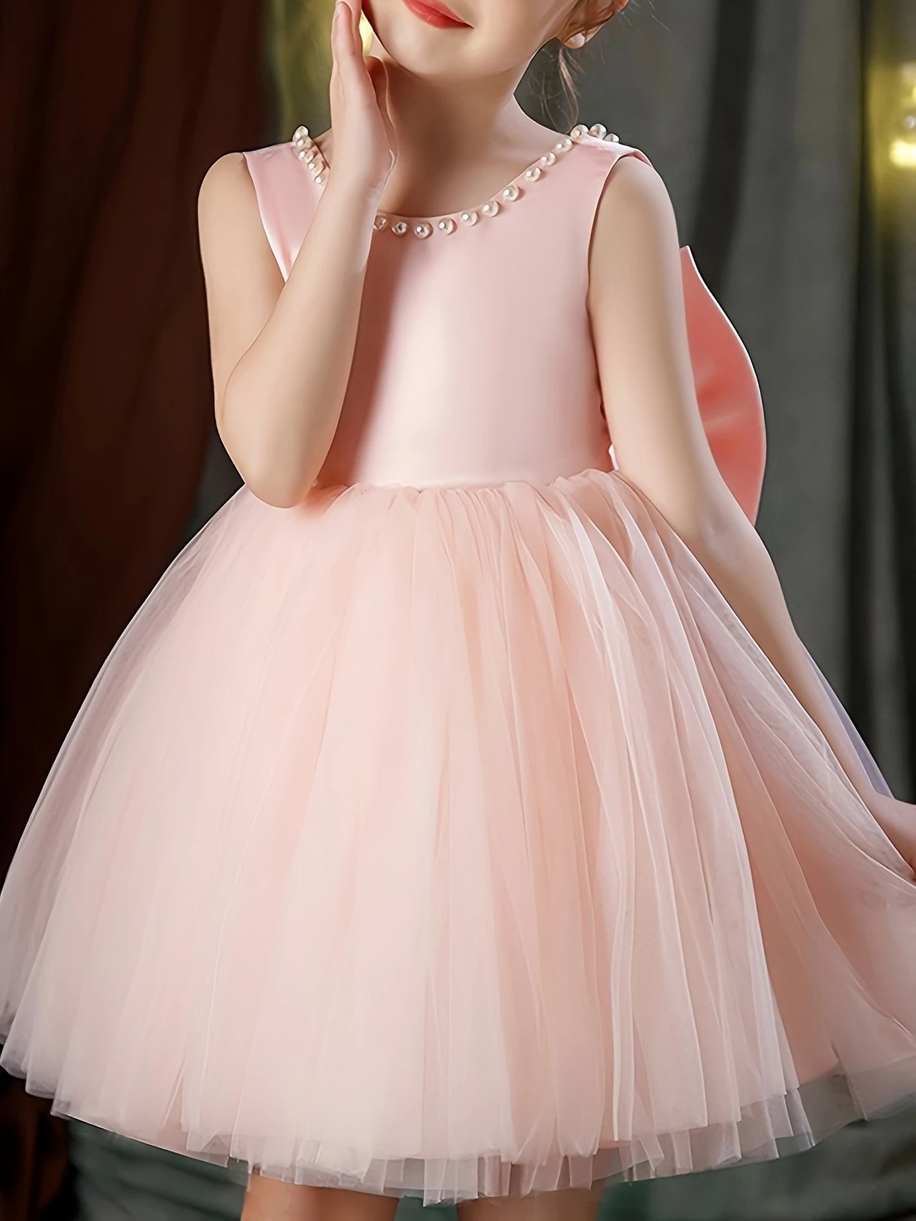 Vestido fiesta niñitas rosado lazo cuello v atrás - Imagen 3