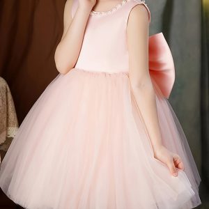 Vestido fiesta niñitas rosado lazo cuello v atrás