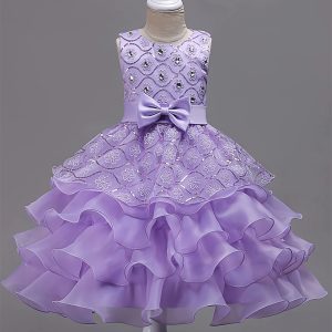 Vestido fiesta lila elegante con Bordado Floral y detalle diamantes Sin Mangas con Lazo