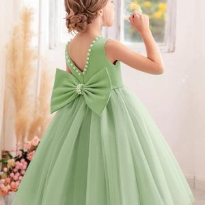 Vestido fiesta niñitas verde lazo cuello v atrás