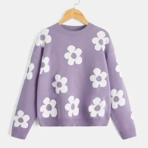 Chompa lila patrón floral hombros caidos