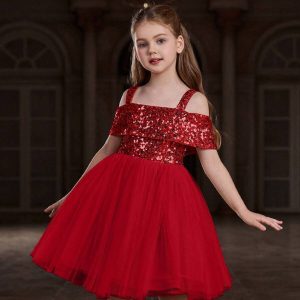Vestido fiesta rojo lentejuelas hombros descubiertos