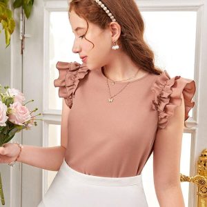 Blusa poliéster palo rosa de manga con volante de espalda con abertura de ojo