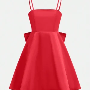 Vestido elegante liso rojo cintura anudada